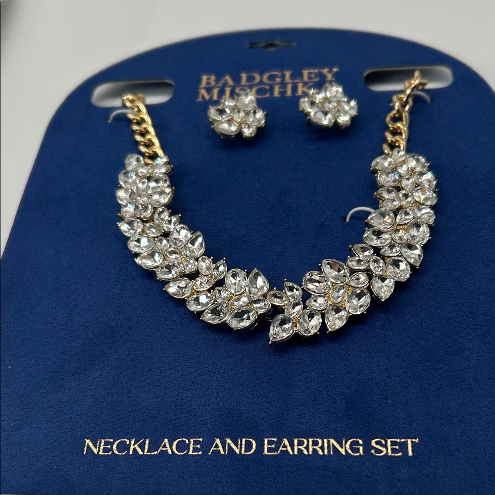 Badgley Mischka Gold and Clear Crystal Floral Necklace & Earrings